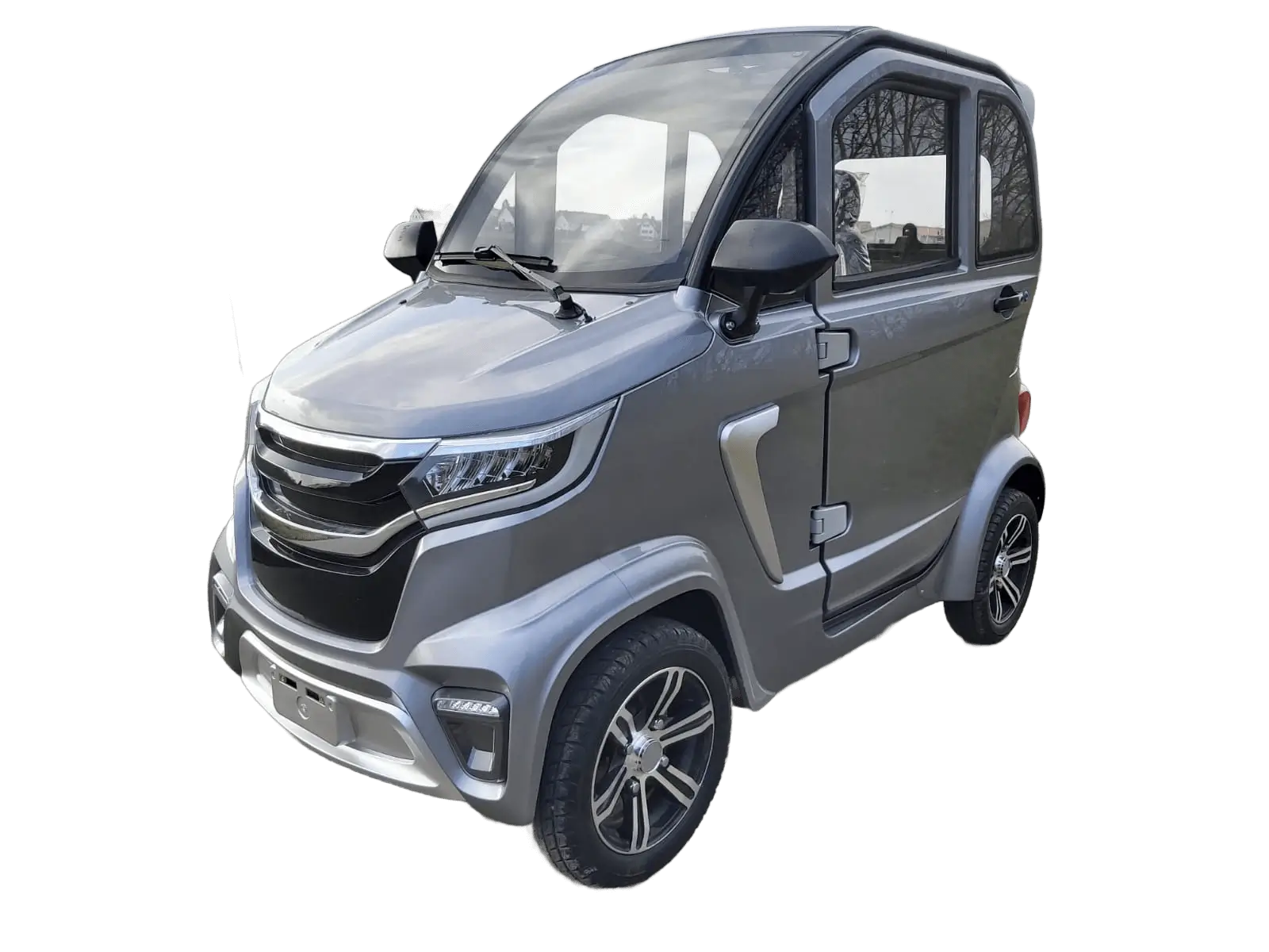 A compact, silver electric car with a closed cabin and modern design. It's displayed against a light background with the label "Elektroauto" below.