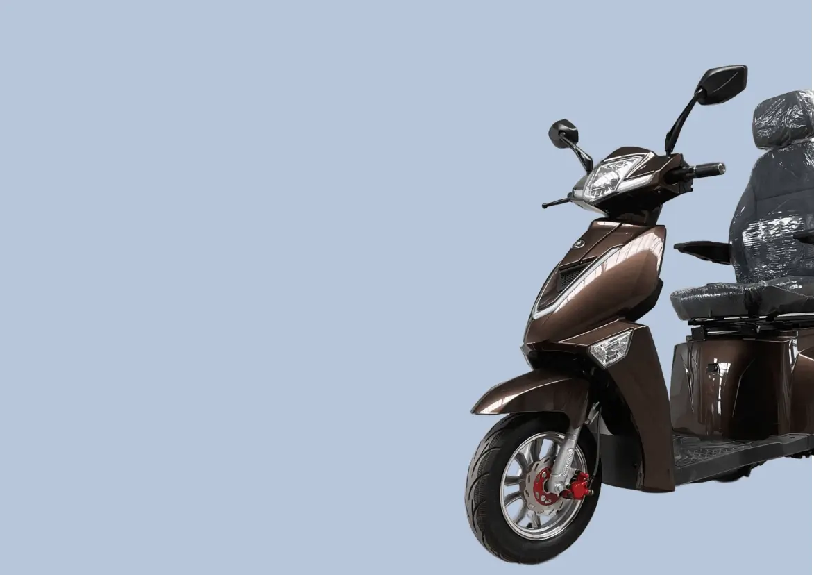 Grey electric scooter displayed on a light background, showcasing sleek design. Left side features a product description in German with a €2,999 price tag.