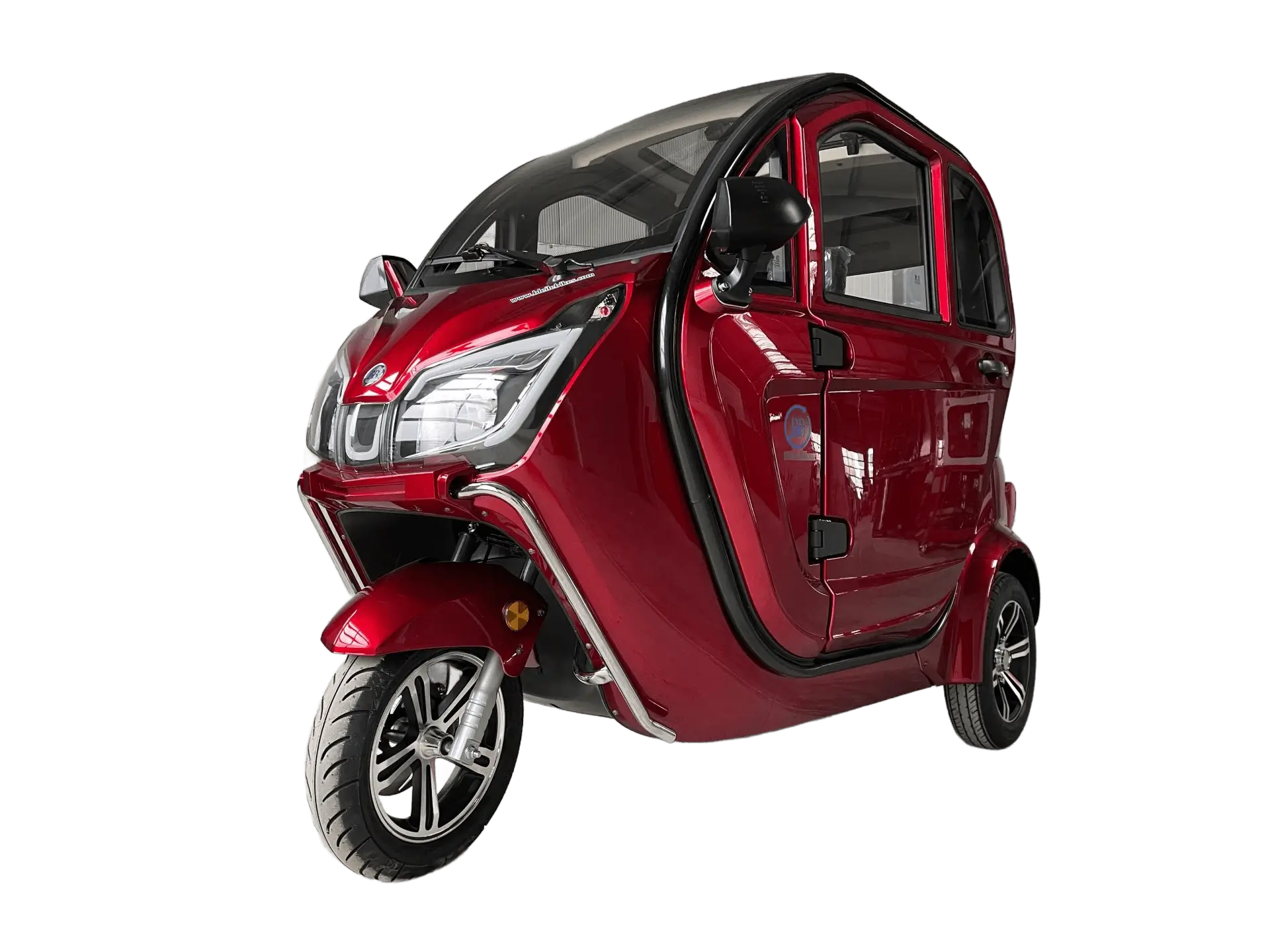 A sleek red three-wheeled scooter with a black canopy on a light blue background. Below, a blue button labeled "Ersatzteile" (spare parts) is visible.