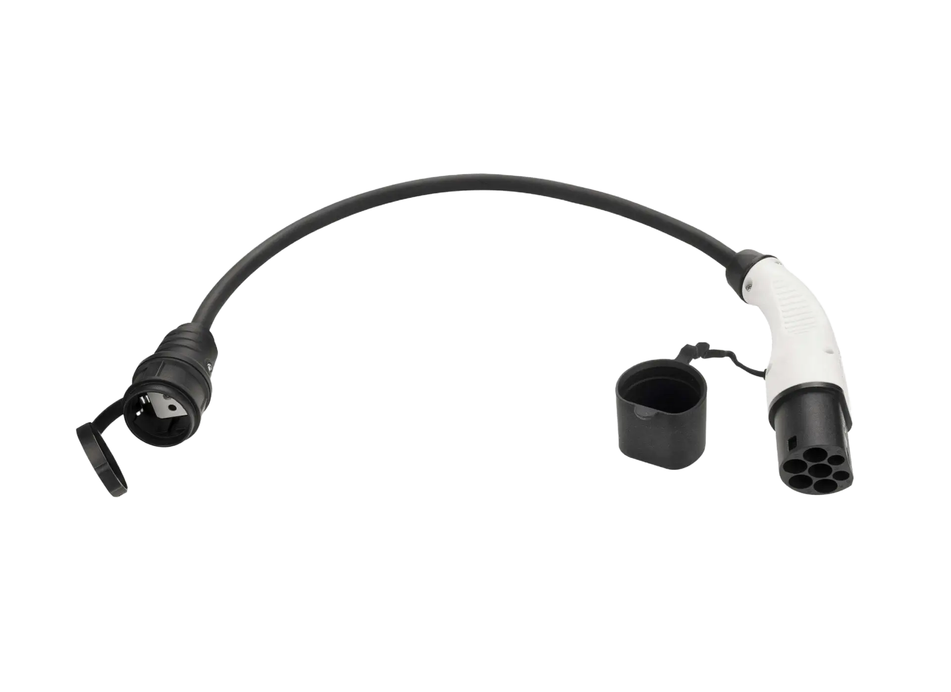 A black and white electric vehicle charging adapter is displayed on a light gray background. A dark, coiled cord connects two plug types. Text reads "Zubehör."