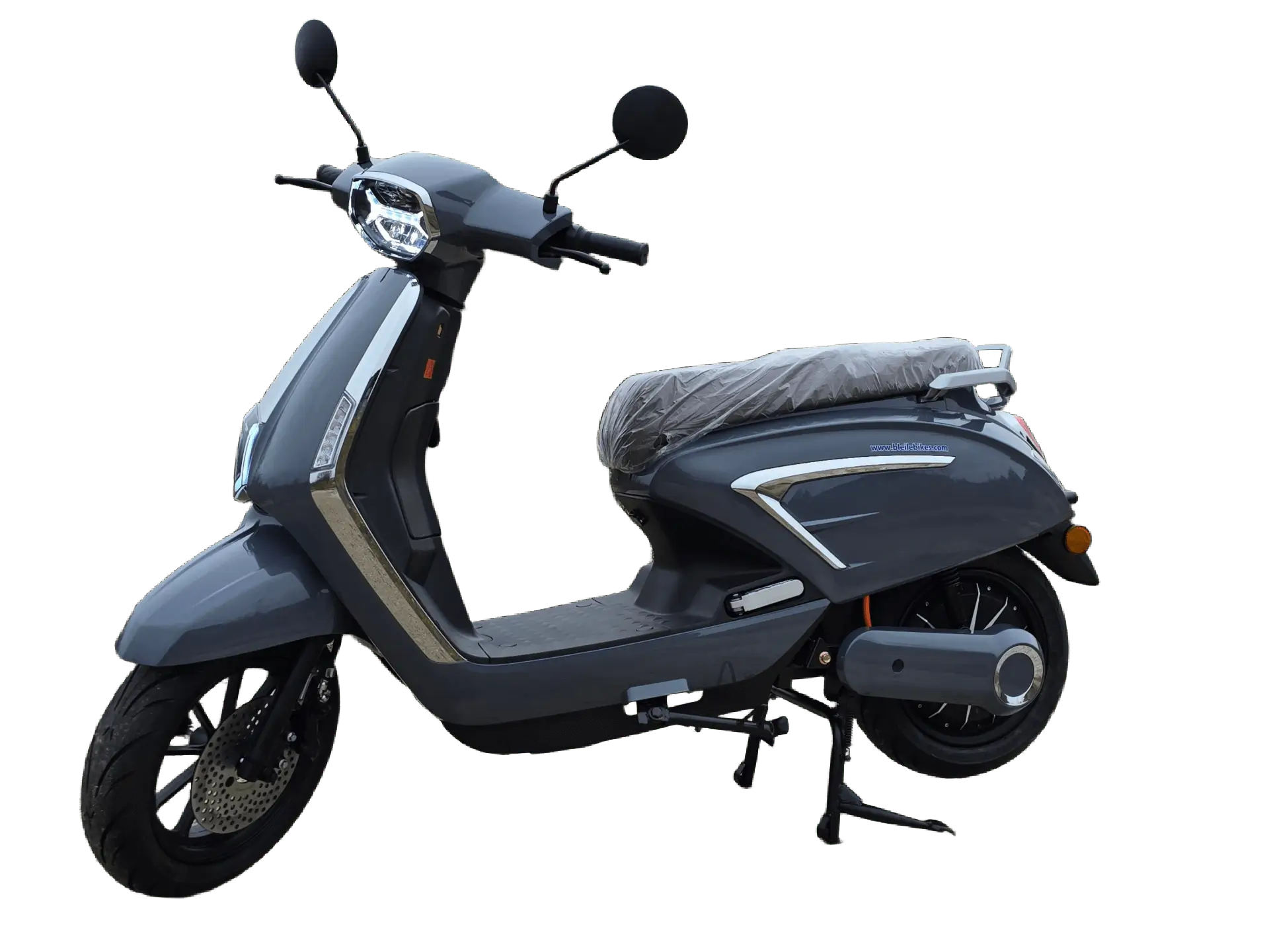 A sleek, dark gray electric scooter with a modern design is displayed against a light background, exuding a sense of innovation and eco-friendliness.