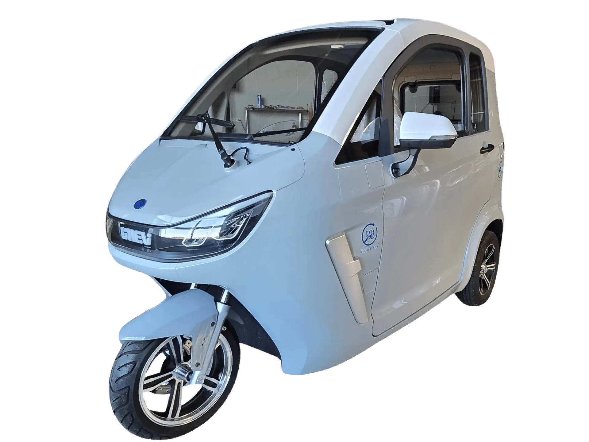A compact white electric cabin scooter with three wheels is shown in a side view on a light background. It features a sleek, enclosed design.