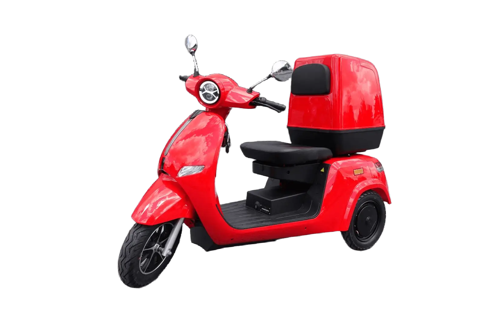 Bright red three-wheeled e-scooter with a spacious rear storage box, set against a light gray background. It conveys a modern, eco-friendly vibe.