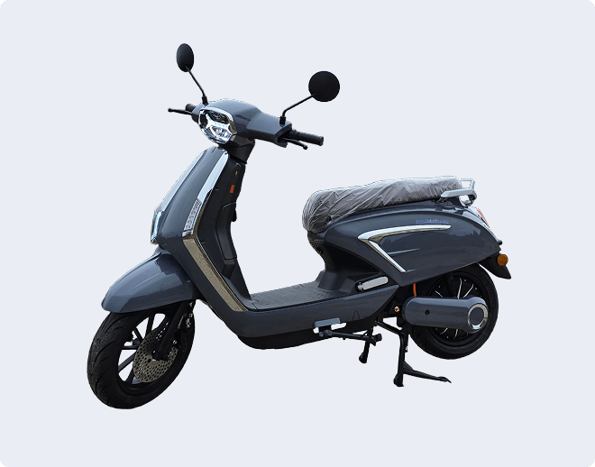 Image of a sleek, modern gray electric scooter against a light background. Text on the left highlights sustainable e-mobility benefits, with a call-to-action button labeled 'Unsere Vision' in blue.